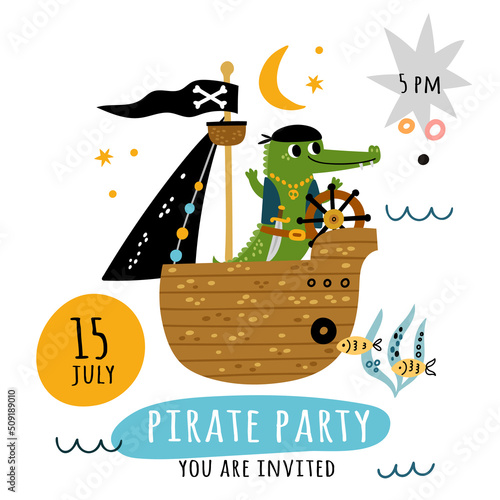 Cute pirate card. Funny sailors with marine elements. Sailing ships and corsair Capitan. Filibuster sailboat. Crocodile with saber. Ocean wooden boat. Vector piracy party invitation