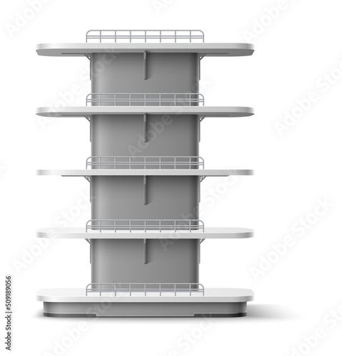 Empty shelving stand. Realistic shopping shelves. Supermarket furniture. Multi level racking front view. White store rack for merchandise exhibition. Vector clean shop interior object