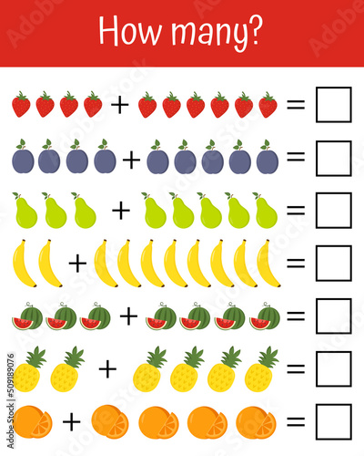 How many counting game with different fruit for kids. Mathematics educational game for children. Learning subtraction worksheet for kids, counting activity. Vector cards for learning multiplication.