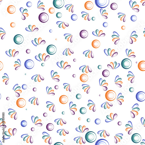 Patrón cuatro colores, naranja, verde, morado o violeta y azul con círculos concéntricos y formas de mejillones
