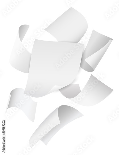 Falling paper. Realistic flying sheets chaotic composition. Curled notepaper with folded edges. Bent blank pages swirl. Soaring twisted documents and letters. Vector scattered notes