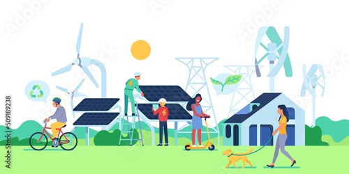 Green energy city residents. Ecological environment people. Flat style men and women walk in park. Wind mills and solar panels. Natural renewable electricity sources. Vector concept