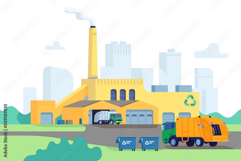 Waste factory building. Incineration and recycling of garbage process. Trash transportation and shipment. Environmental pollution. Rubbish utilization industrial plant. Vector concept Waste factory building. Incineration and recycling of garbage process. Trash transportation and shipment. Environmental pollution. Rubbish utilization industrial plant. Vector concept