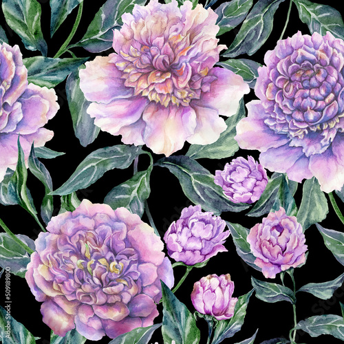 Beautiful purple peony flowers with green leaves on black background. Seamless floral pattern. Watercolor painting. Hand drawn illustration.