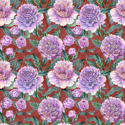 Beautiful purple peony flowers with green leaves on red background. Seamless floral pattern. Watercolor painting. Hand drawn illustration.