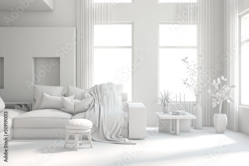 Mock up of minimalist living room in white color with sofa. Scandinavian interior design. 3D illustration