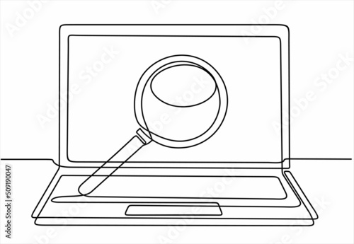 Continuous one line drawing of laptop with browser and magnifying glass. Search. Hand drawn design vector illustration.