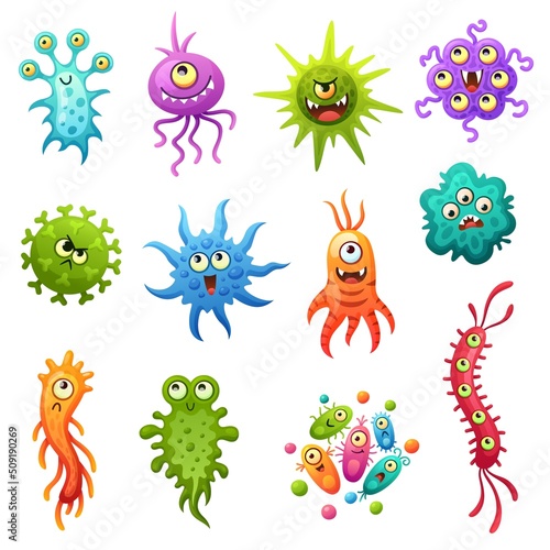Cartoon viruses. Germs virus character, funny bacteria types. Sick or flu microbes, evil and cute colorful garish monsters. Isolated medical vector set © LadadikArt