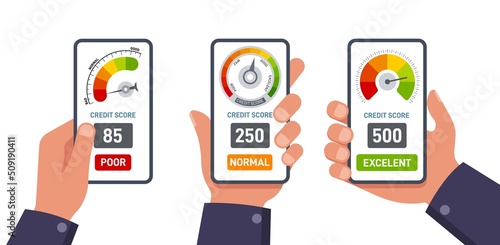 Credit score. Hand hold smartphones with performance graph on screen. Digital financial contract info, feedback or speedometer. Bank report exact vector concept