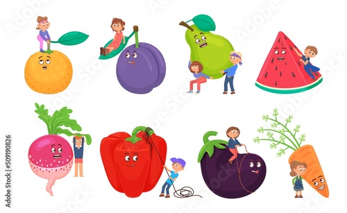 Kids and vegan food. Cartoon vegetables characters play with kids. Fresh healthy meal, veggies and nutrition. Cute child hold carrot, apple, decent vector set