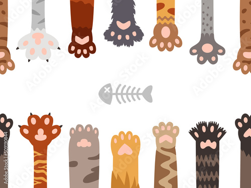 Pet paws. Pets foot, cat tiger paw and fish skeleton. Animals footprint banner, kitten dogs feet. Cartoon legs classy vector seamless pattern, border design