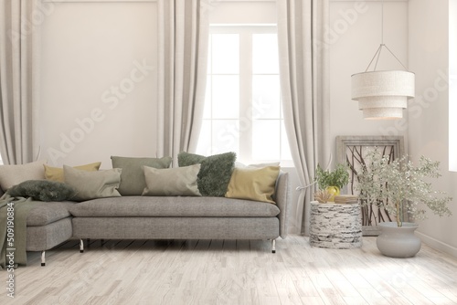 White living room with sofa. Scandinavian interior design. 3D illustration