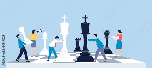 Chess game. Business strategic of leadership, management attack plan. People with figures on board, company work relationship. Competition recent vector metaphor