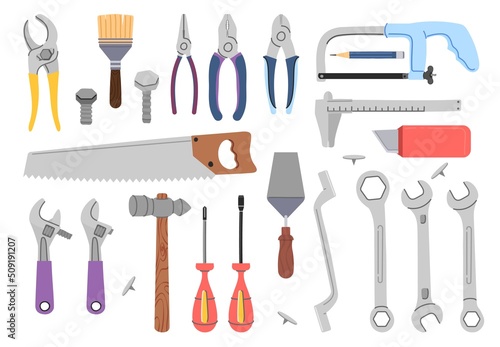 Isolated repair tools. Wrenches vise and screws, construction tool and screwdriver. Toolkit icons, home design or recover, builder workers decent vector elements