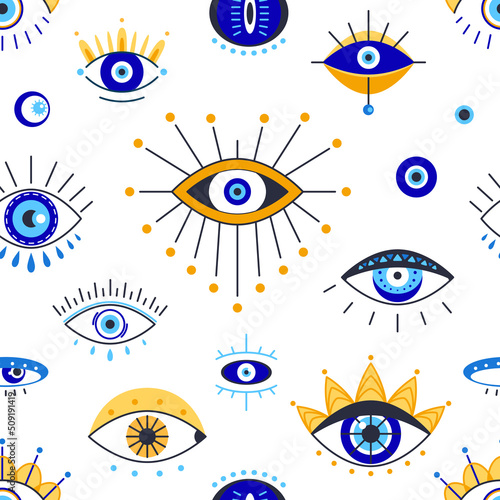 Occult eye seamless pattern. Evil eyes ornament, greece fashion mascot print. Mystic greek and turkish symbols, classy energy vector background