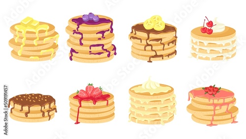 Pancake with toppings. Stack pancakes with chocolate, honey, butter and fresh berries. Cute cartoon sweet home breakfast. Food with syrup neat vector set