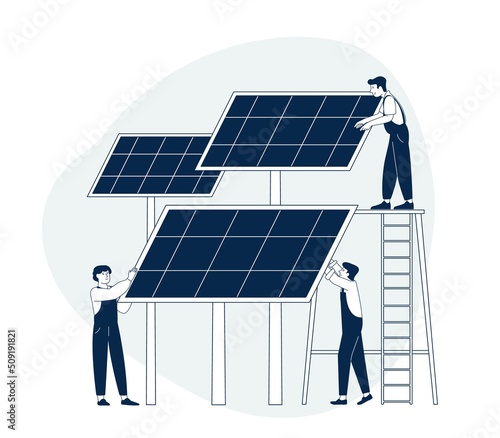 Solar panels. Sun power using, alternative energy systems. Electrician workers, modern green electricity elements. Eco city, save environment recent vector scene