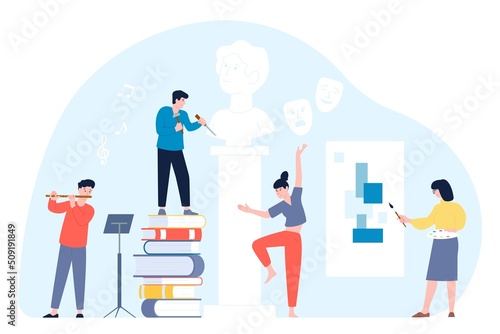 Art people create process. Adults relaxing on workshop and hobby. Painting, sculpting and theater. Artist and creator, creative projects recent vector scene