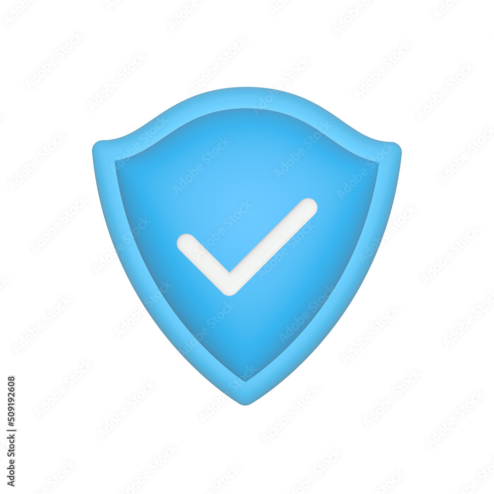 Shield check mark 3d icon. Protection guard blue symbol. Illustration isolated on white. Shield check mark 3d icon. Protection guard blue symbol. Illustration isolated on white.