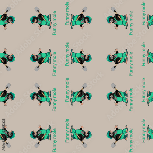 Vector seamless pattern for fabric design. Cute cartoon little mole in overalls with a shovel on a light brown background