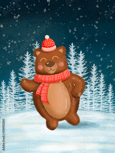 New Year card with cute brown bear in the forest. Merry christmas and happy new year illustration.