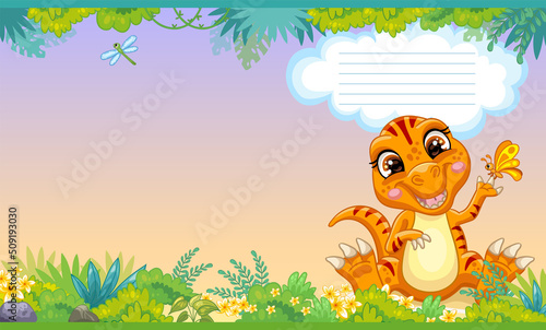 Cover for notebook with baby orange tyrannosaurus vector