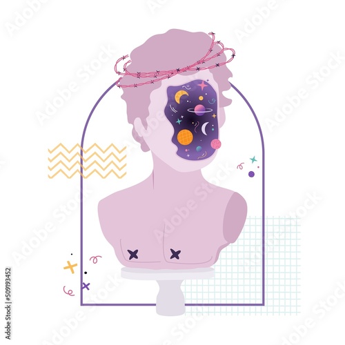Psychedelic surreal illustration a colorful greek bust , ancient sculpture with cosmos in the head. Cartoon vector illustration in trendy psychedelic trippy style. 10EPS