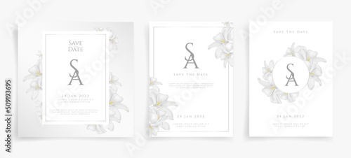 White wedding card or invitation card in white flower  theme set