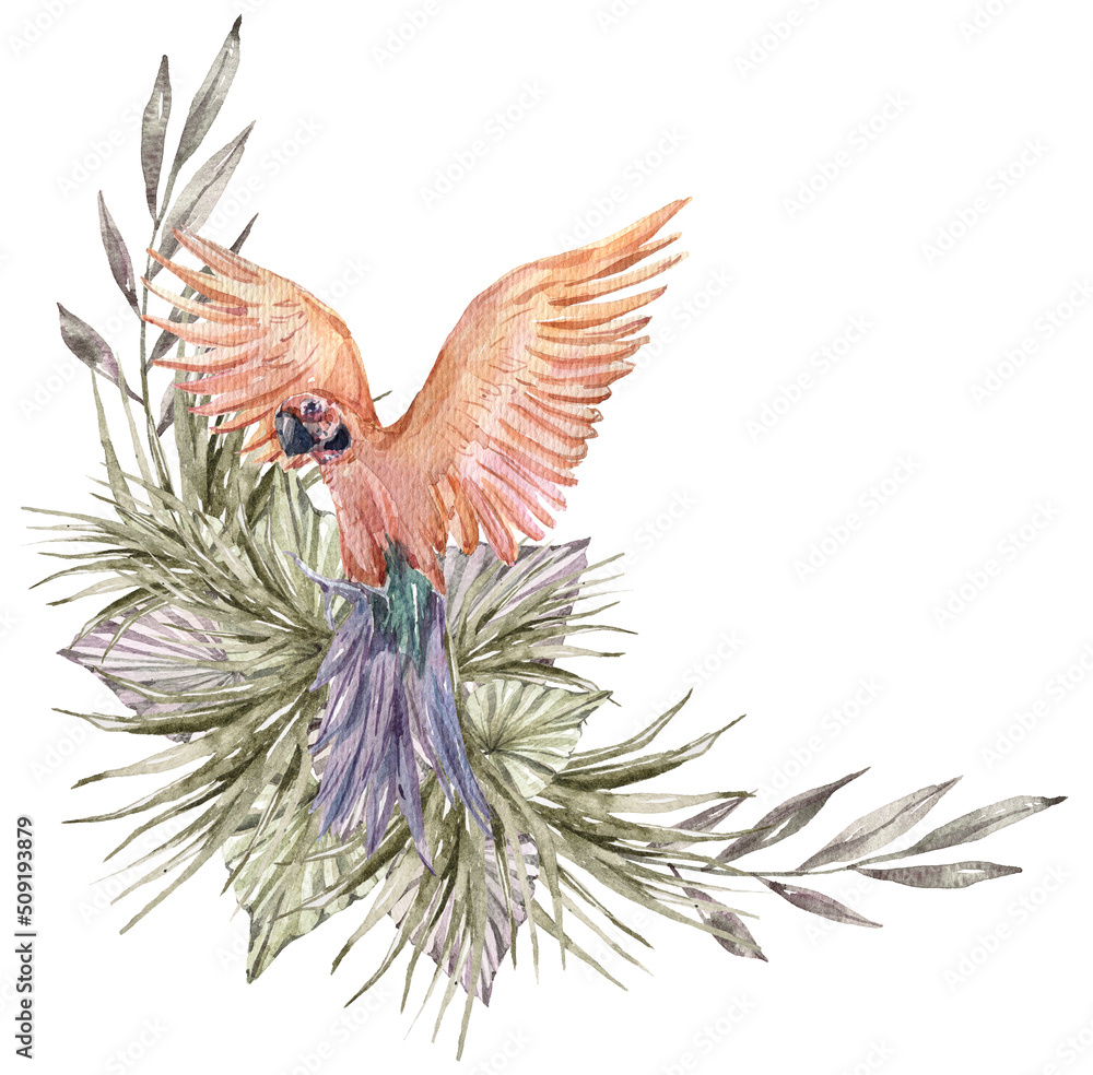 Obraz premium Watercolor tropical clipart. Composition with tropical leaves, parrot, flowers on white background. Can be used for greeting cards, wedding invitations, textile, fabric, poster, print, pattern.