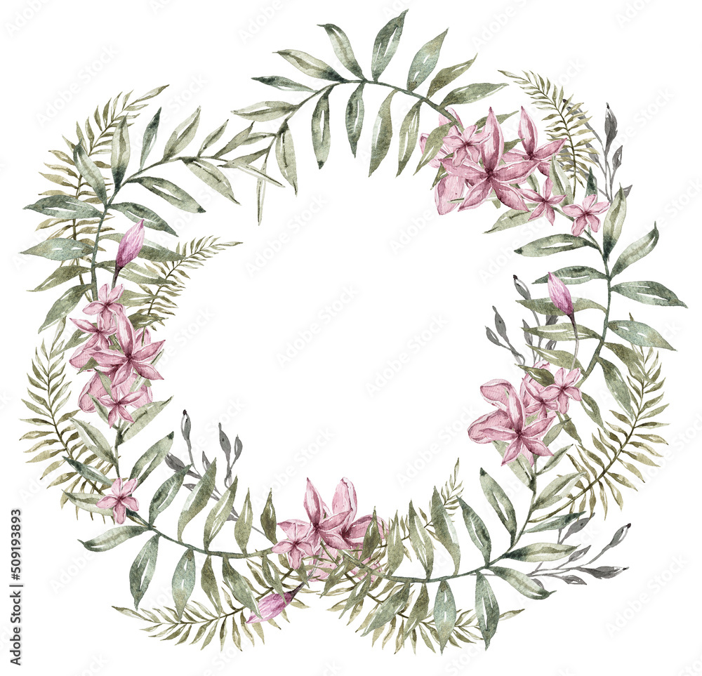 Watercolor tropical clipart. Composition with tropical leaves, pink flowers on white background. Can be used for greeting cards, wedding invitations, textile, fabric, poster, print, pattern.