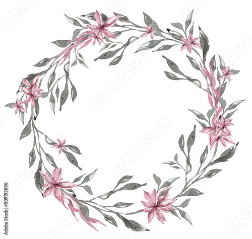 Watercolor tropical clipart. Composition with tropical leaves, pink flowers on white background. Can be used for greeting cards, wedding invitations, textile, fabric, poster, print, pattern.