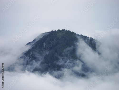 Fototapeta Naklejka Na Ścianę i Meble -  Stunning views of the forested mountain peak with the surrounding mist of Velika Planina, Slovenia