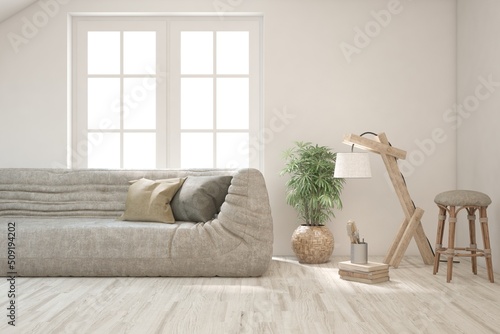 White living room with sofa. Scandinavian interior design. 3D illustration