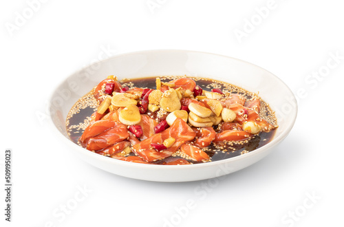 Salmon marinated shoyu or salmon pickled soy sauce in Korean style isolated on white background with Clipping Path.