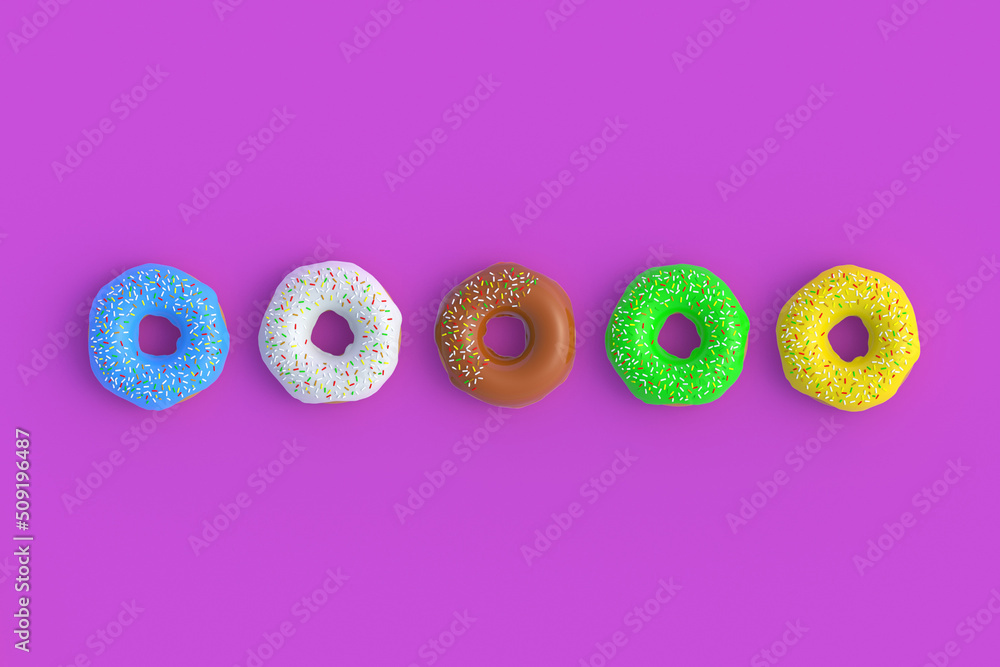 Row of donuts on violet background. Homemade bakery. Break time. Sweet dessert. Fast food. Top view. 3d render