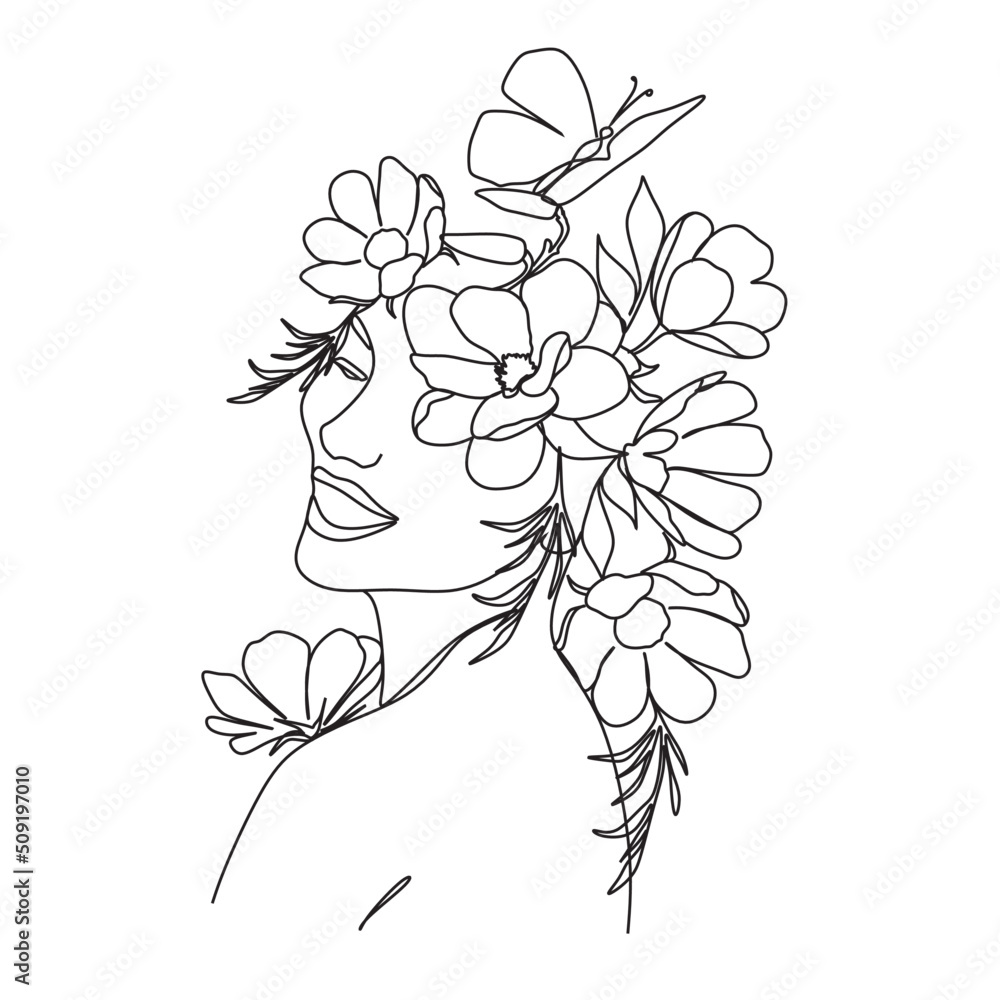 Woman face with butterfly and flowers. Line art female hands with butterflies. One line vector drawing. Portrait minimalistic style. Botanical print. Nature symbol of cosmetics. Woman face with butterfly and flowers. Line art female hands with butterflies. One line vector drawing. Portrait minimalistic style. Botanical print. Nature symbol of cosmetics.