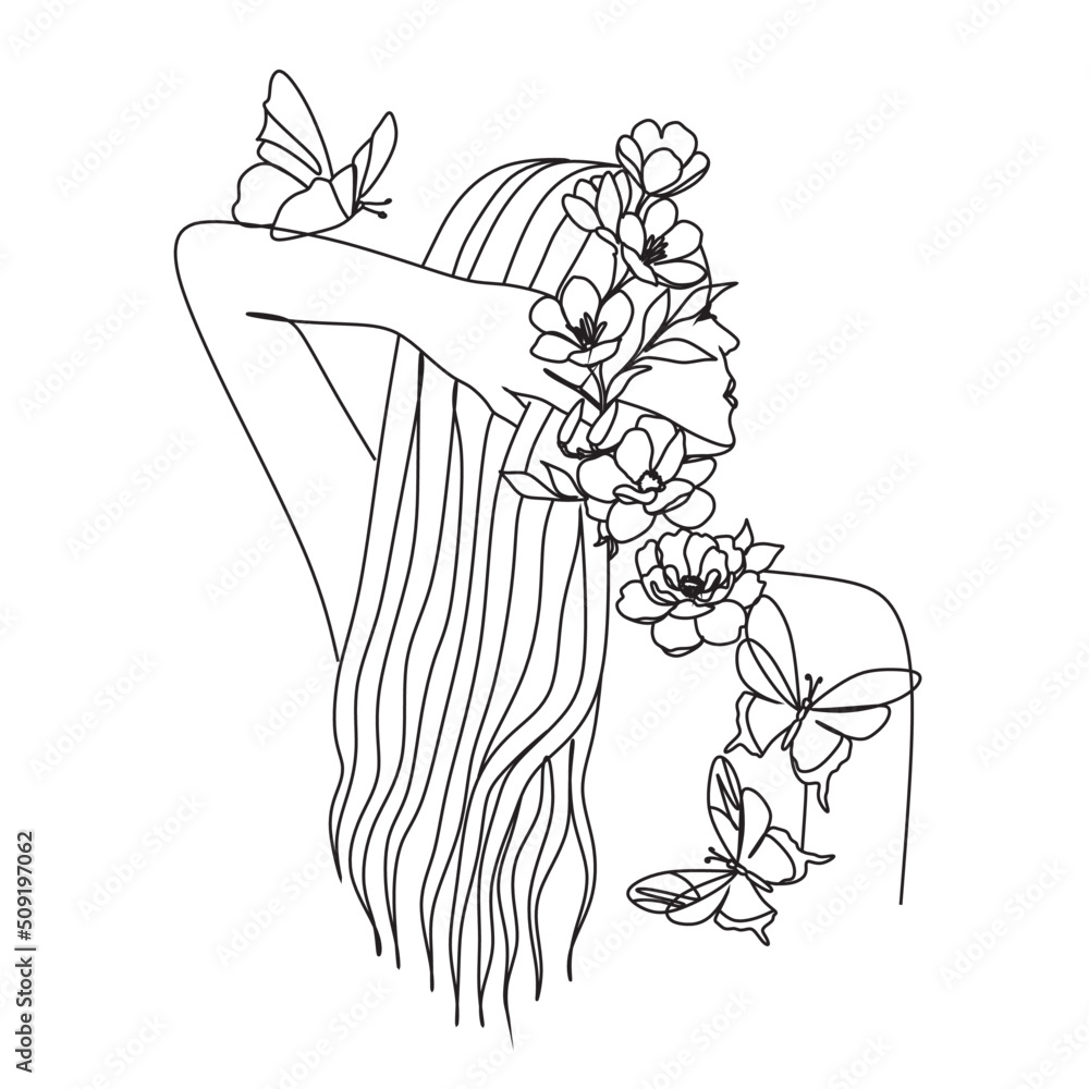Woman face with butterfly and flowers. Line art female hands with butterflies. One line vector drawing. Portrait minimalistic style. Botanical print. Nature symbol of cosmetics. Woman face with butterfly and flowers. Line art female hands with butterflies. One line vector drawing. Portrait minimalistic style. Botanical print. Nature symbol of cosmetics.