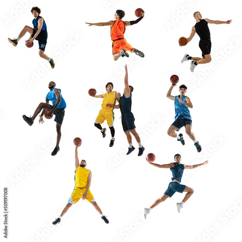 Collage made of images of professional basketball players in sports uniform with ball in motion, action isolated on white studio background. Motion, action, sport concept © master1305