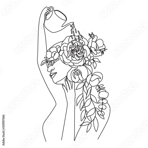 Abstract head with long eyelashes and flowers line vector drawing. Fine One Line Vector Art Drawing, Modern GalleryWall, Abstract Wall Art Print Set, Woman Silhouette Botanical theme for print