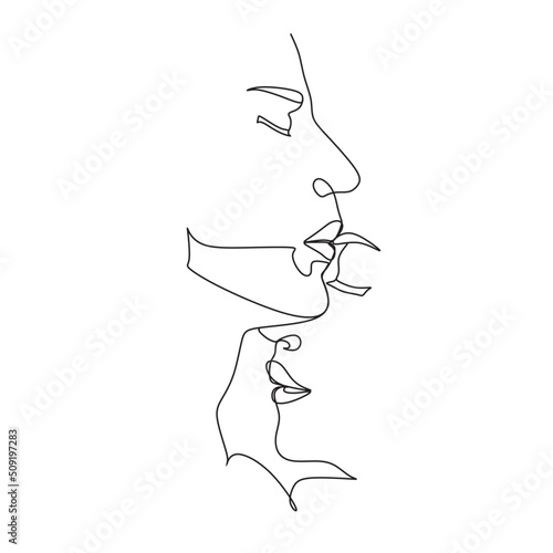 One Line Art Couple, Line Art Men and woman, Minimal Face Vector.  Couple print, Kiss print, Valentines Day Illustration. Love poster. 2 faces. We are one line. 