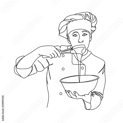 Chef Vector art drawing.Line art.Chef Hat Clipart, Fast Food, Steak.Download Happy Chef Vector Icon.Handdrawn chef logo mascot delicious .