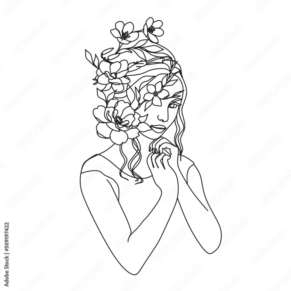 Abstract head with long eyelashes and flowers line vector drawing. Fine One Line Vector Art Drawing, Modern GalleryWall, Abstract Wall Art Print Set, Woman Silhouette Botanical theme for print