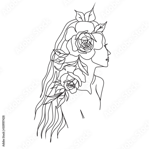 Abstract head with long eyelashes and flowers line vector drawing. Fine One Line Vector Art Drawing, Modern GalleryWall, Abstract Wall Art Print Set, Woman Silhouette Botanical theme for print