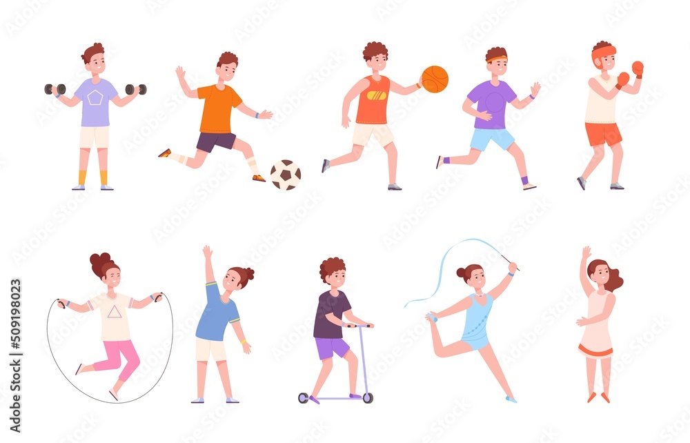 Kid physical exercise. Children sport preparing, active sports movement funny sporting toddler, playing football, gymnastics gym dance fitness