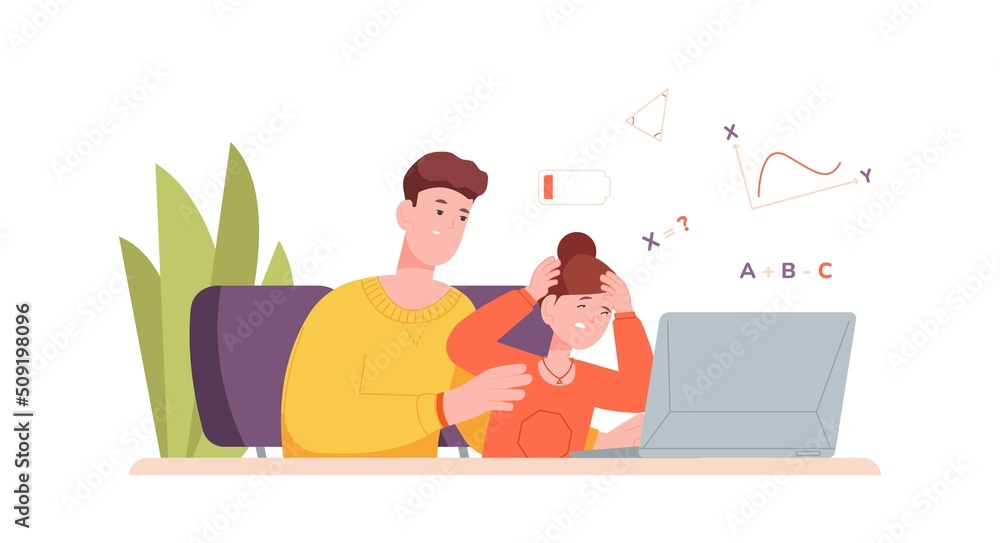 Hard learning pupil. Struggling concentrated child doing difficulty homework, parent help prepare to school college test, kid dyslexia exhausted student study vector illustration - obrazy, fototapety, plakaty 