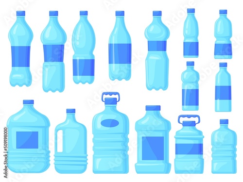 Distilled water bottles. Plastic big bottle with liter mineral bottled drinks for consumption store, blue lid distillation container, stock liquid, cartoon neat vector illustration