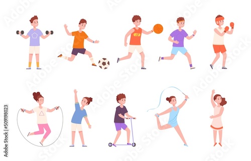 Kid physical exercise. Children sport preparing, active sports movement funny sporting toddler, playing football, gymnastics gym dance fitness