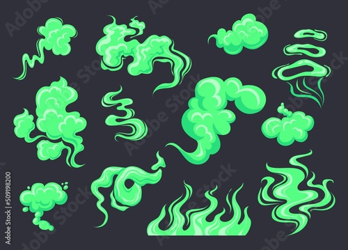 Toxic stench. Green vapors cloud, stink gas bad flavor breath, chemical smog poison fog smell smoke body fart poisoned aroma magic effect dirty dust miasma neat vector illustration