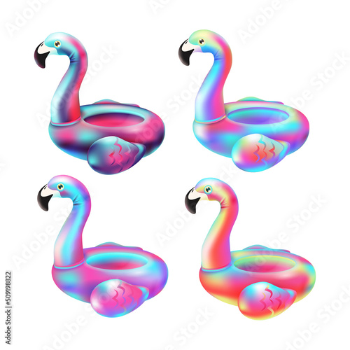 3d holographic flamingo. Render inflatable neon gradient toy, realistic summer swim tube beach animal object travel minimal wildlife holiday decor party, tidy vector illustration