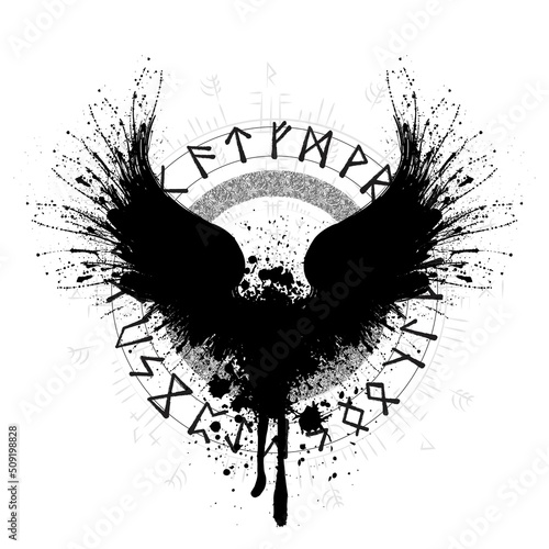 Raven scandinavian silhouette runes sign